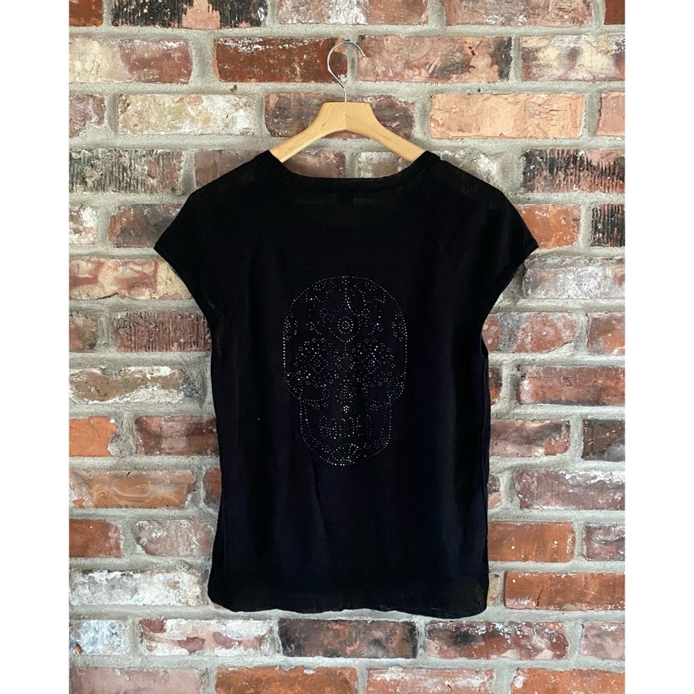 Skull Cashmere Linen Rhinestone Back Skull Graphic Shirt Sleeve Top Black